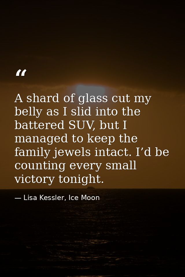 A shard of glass cut my belly as I slid into the battered SUV, but I managed to keep the family jewels intact. I’d be co — Lisa Kessler, Ice Moon