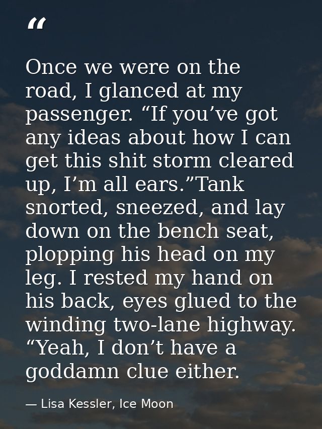 Once we were on the road, I glanced at my passenger. “If you’ve got any ideas about how I can get this shit storm cleare — Lisa Kessler, Ice Moon