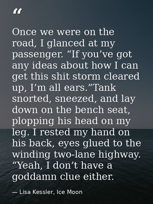 Once we were on the road, I glanced at my passenger. “If you’ve got any ideas about how I can get this shit storm cleare — Lisa Kessler, Ice Moon