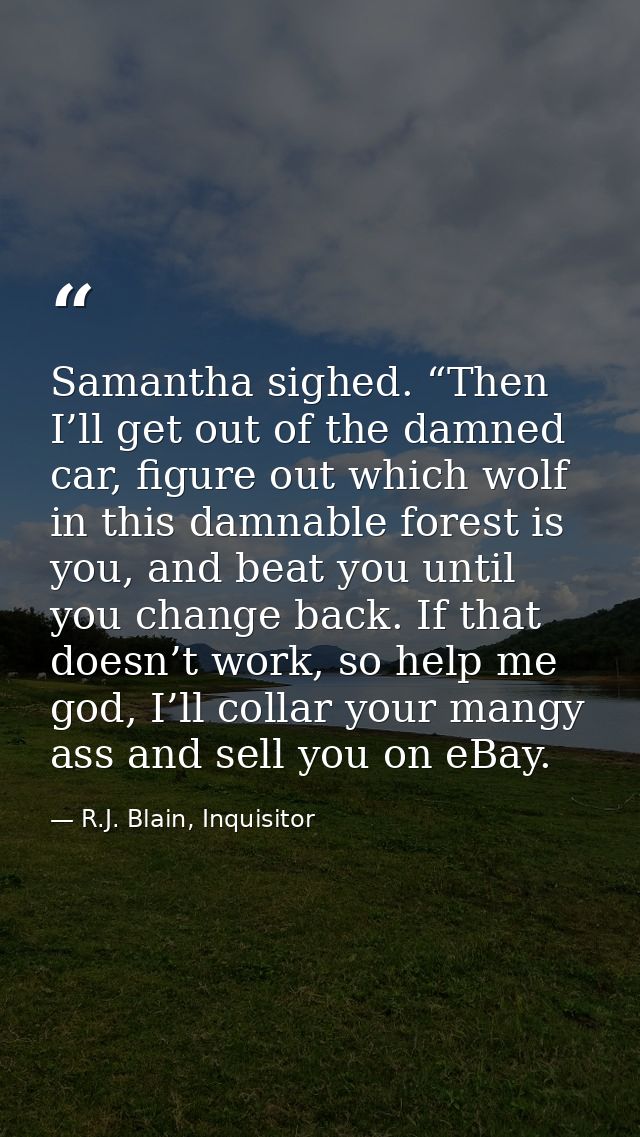 Samantha sighed. “Then I’ll get out of the damned car, figure out which wolf in this damnable forest is you, and beat yo — R.J. Blain, Inquisitor