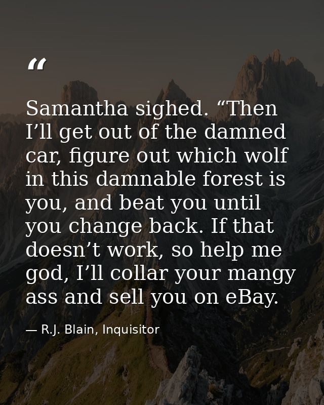 Samantha sighed. “Then I’ll get out of the damned car, figure out which wolf in this damnable forest is you, and beat yo — R.J. Blain, Inquisitor