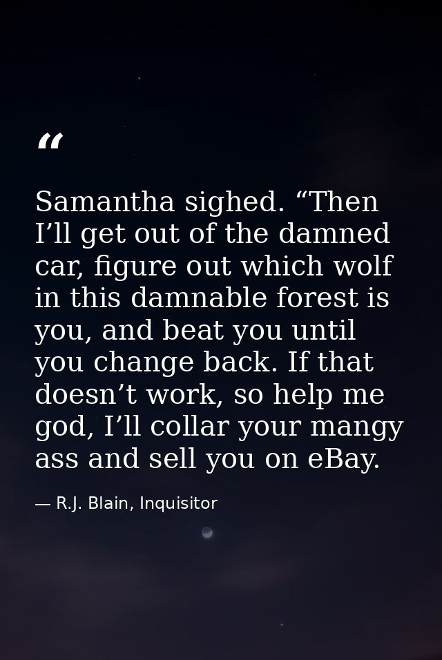 Samantha sighed. “Then I’ll get out of the damned car, figure out which wolf in this damnable forest is you, and beat yo — R.J. Blain, Inquisitor