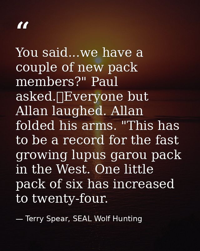You said...we have a couple of new pack members?" Paul asked.	Everyone but Allan laughed. Allan folded his arms. "This h — Terry Spear, SEAL Wolf Hunting