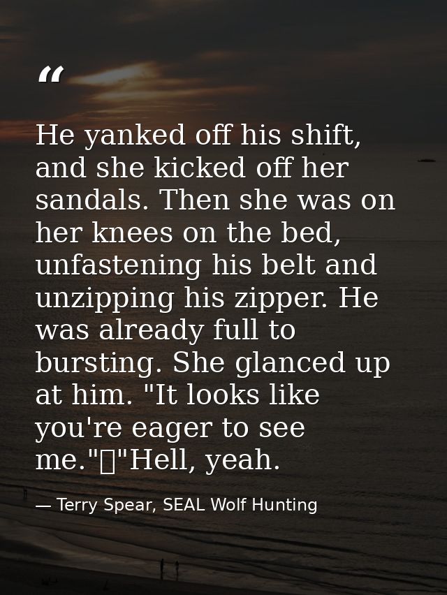 He yanked off his shift, and she kicked off her sandals. Then she was on her knees on the bed, unfastening his belt and  — Terry Spear, SEAL Wolf Hunting