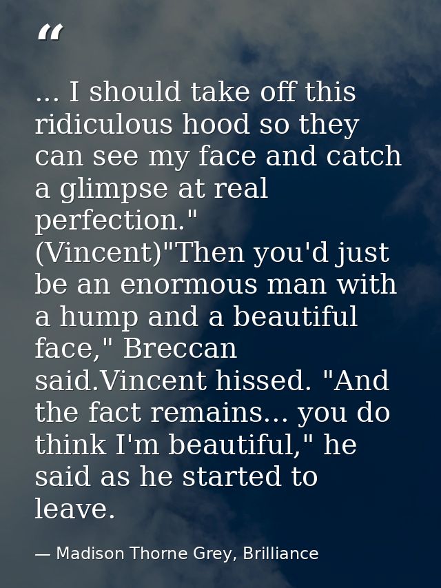 ... I should take off this ridiculous hood so they can see my face and catch a glimpse at real perfection." (Vincent)"Th — Madison Thorne Grey, Brilliance