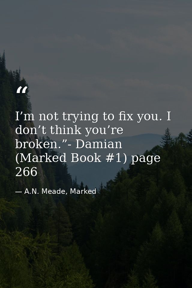 I’m not trying to fix you. I don’t think you’re broken.”- Damian (Marked Book #1) page 266 — A.N. Meade, Marked