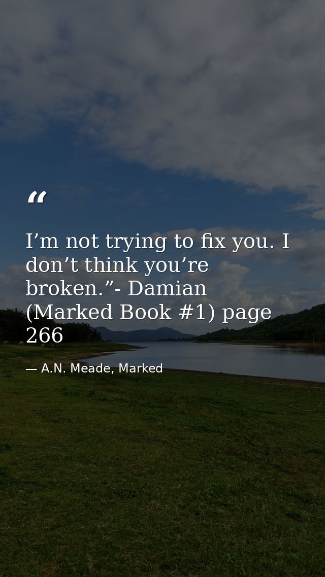 I’m not trying to fix you. I don’t think you’re broken.”- Damian (Marked Book #1) page 266 — A.N. Meade, Marked