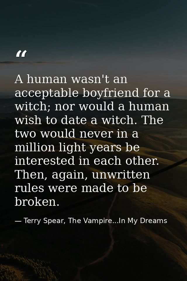 A human wasn't an acceptable boyfriend for a witch; nor would a human wish to date a witch. The two would never in a mil — Terry Spear, The Vampire...In My Dreams