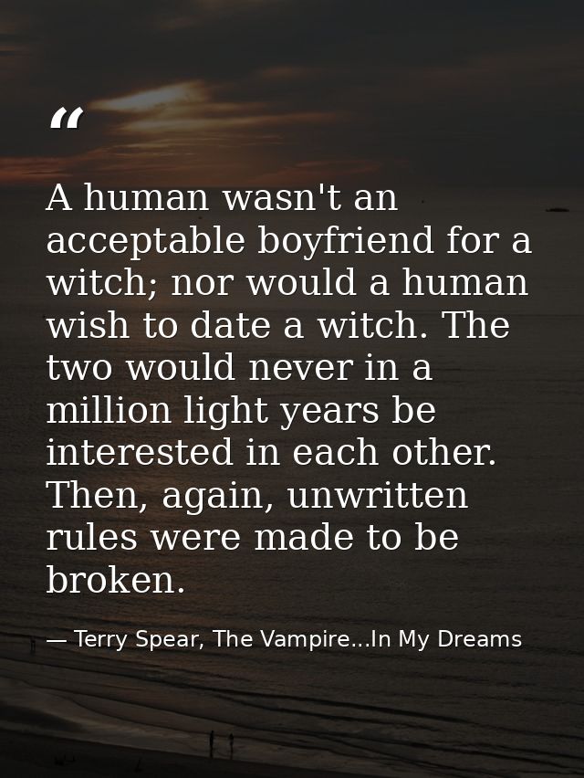 A human wasn't an acceptable boyfriend for a witch; nor would a human wish to date a witch. The two would never in a mil — Terry Spear, The Vampire...In My Dreams