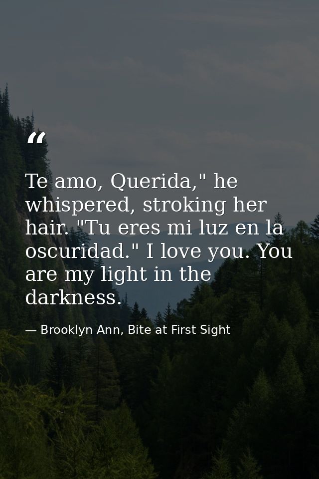 Te amo, Querida," he whispered, stroking her hair. "Tu eres mi luz en la oscuridad." I love you. You are my light in the — Brooklyn Ann, Bite at First Sight