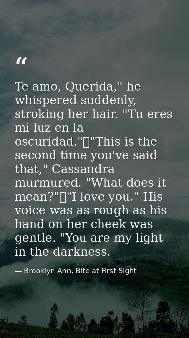Te amo, Querida," he whispered suddenly, stroking her hair. "Tu eres mi luz en la oscuridad."	"This is the second time y — Brooklyn Ann, Bite at First Sight