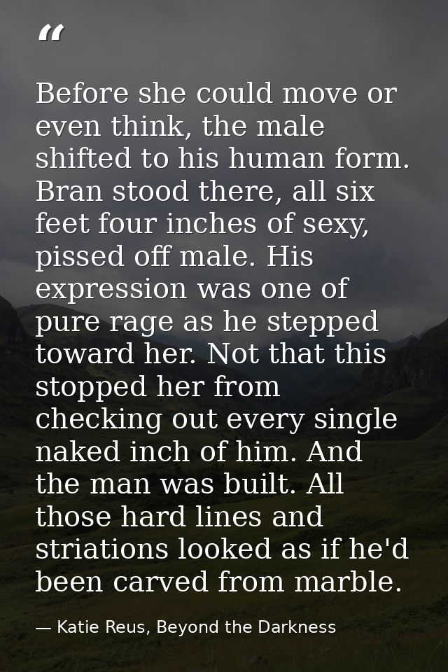 Before she could move or even think, the male shifted to his human form. Bran stood there, all six feet four inches of s — Katie Reus, Beyond the Darkness