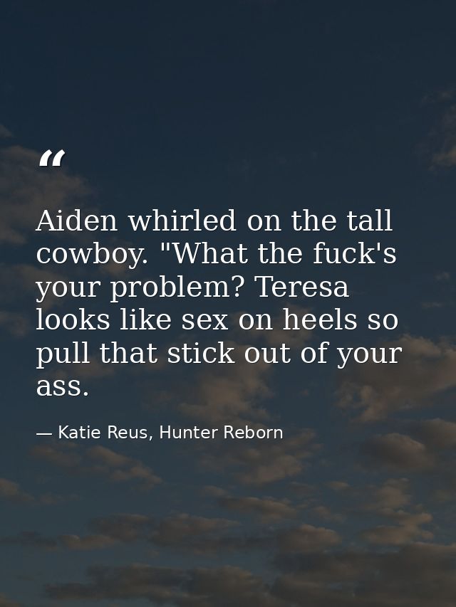 Aiden whirled on the tall cowboy. "What the fuck's your problem? Teresa looks like sex on heels so pull that stick out o — Katie Reus, Hunter Reborn