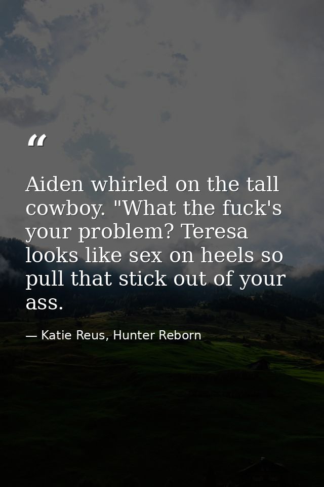 Aiden whirled on the tall cowboy. "What the fuck's your problem? Teresa looks like sex on heels so pull that stick out o — Katie Reus, Hunter Reborn