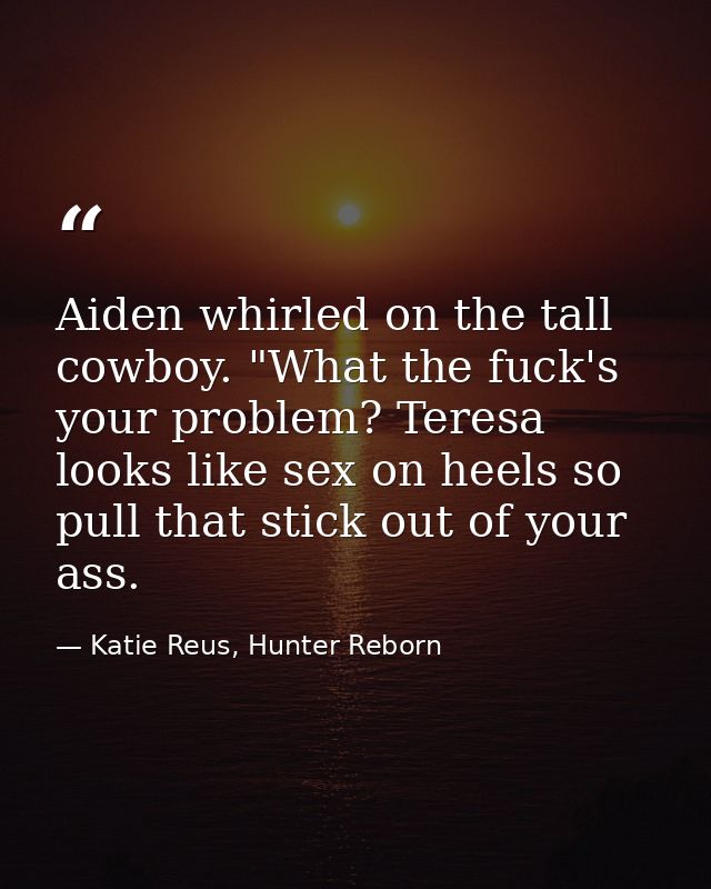 Aiden whirled on the tall cowboy. "What the fuck's your problem? Teresa looks like sex on heels so pull that stick out o — Katie Reus, Hunter Reborn