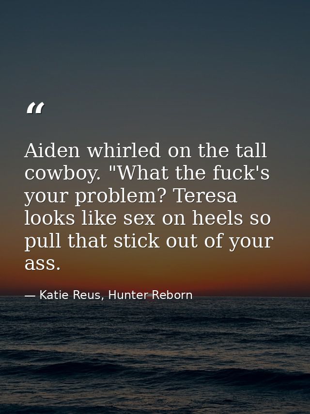 Aiden whirled on the tall cowboy. "What the fuck's your problem? Teresa looks like sex on heels so pull that stick out o — Katie Reus, Hunter Reborn