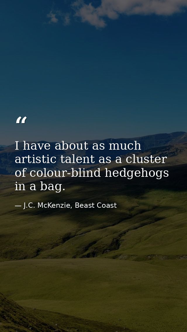 I have about as much artistic talent as a cluster of colour-blind hedgehogs in a bag. — J.C. McKenzie, Beast Coast