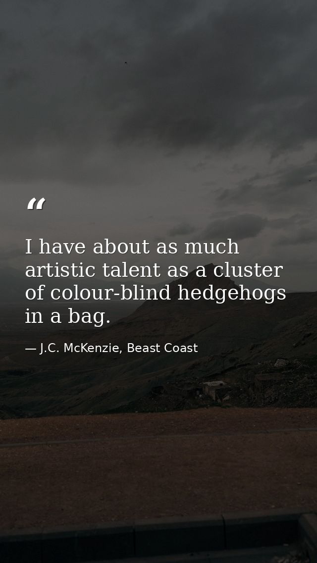 I have about as much artistic talent as a cluster of colour-blind hedgehogs in a bag. — J.C. McKenzie, Beast Coast
