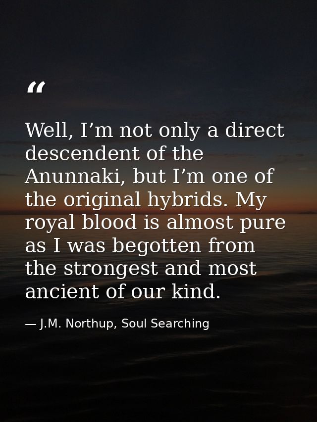 Well, I’m not only a direct descendent of the Anunnaki, but I’m one of the original hybrids. My royal blood is almost pu — J.M. Northup, Soul Searching