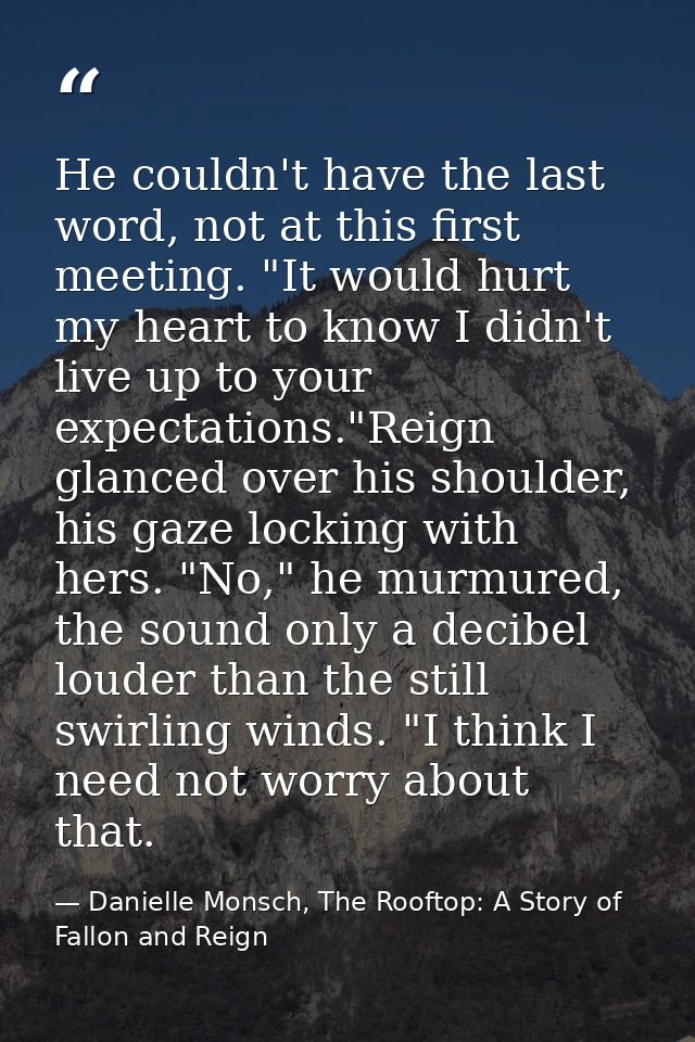 He couldn't have the last word, not at this first meeting. "It would hurt my heart to know I didn't live up to your expe — Danielle Monsch, The Rooftop: A Story of Fallon and Reign