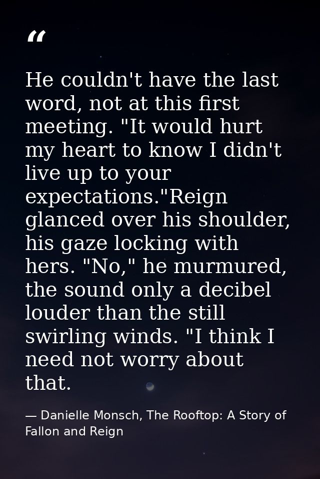 He couldn't have the last word, not at this first meeting. "It would hurt my heart to know I didn't live up to your expe — Danielle Monsch, The Rooftop: A Story of Fallon and Reign