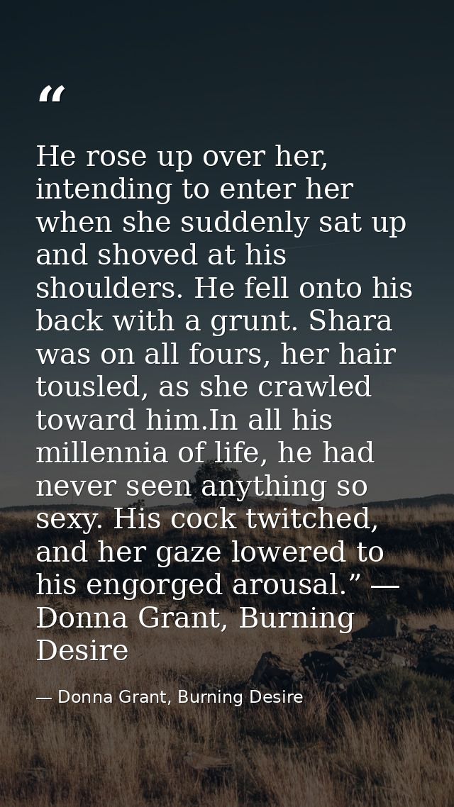 He rose up over her, intending to enter her when she suddenly sat up and shoved at his shoulders. He fell onto his back  — Donna Grant, Burning Desire