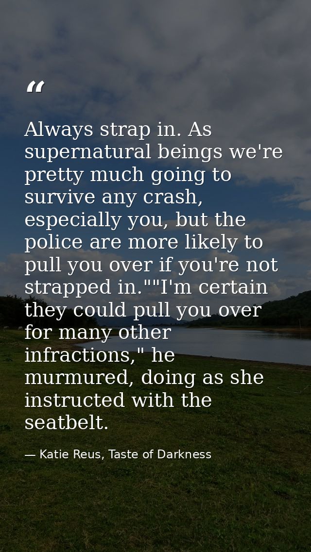 Always strap in. As supernatural beings we're pretty much going to survive any crash, especially you, but the police are — Katie Reus, Taste of Darkness