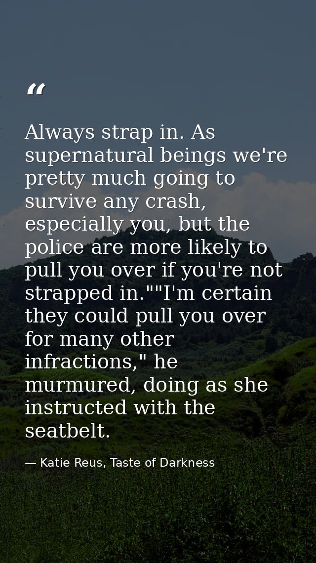 Always strap in. As supernatural beings we're pretty much going to survive any crash, especially you, but the police are — Katie Reus, Taste of Darkness