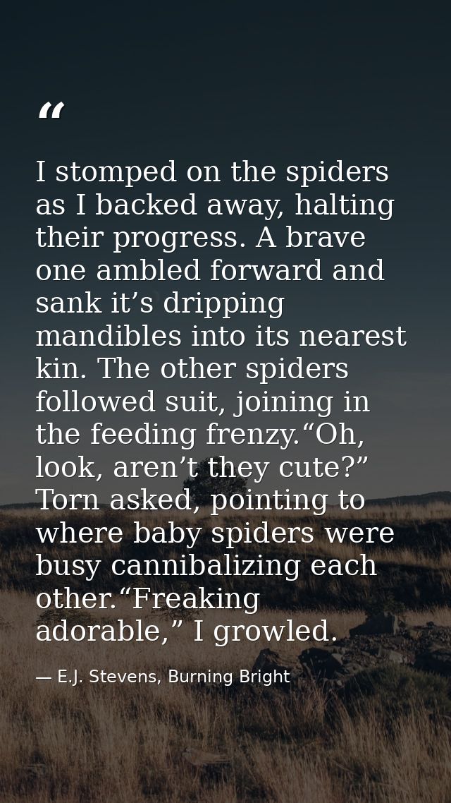 I stomped on the spiders as I backed away, halting their progress. A brave one ambled forward and sank it’s dripping man — E.J. Stevens, Burning Bright
