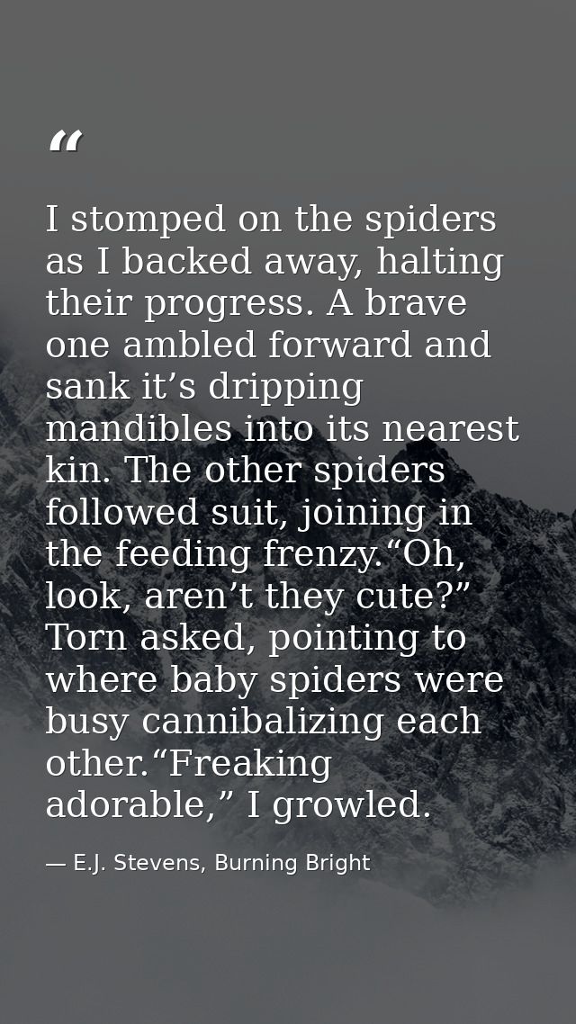I stomped on the spiders as I backed away, halting their progress. A brave one ambled forward and sank it’s dripping man — E.J. Stevens, Burning Bright