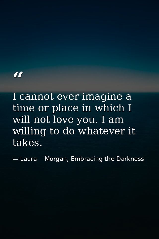 I cannot ever imagine a time or place in which I will not love you. I am willing to do whatever it takes. — Laura    Morgan, Embracing the Darkness