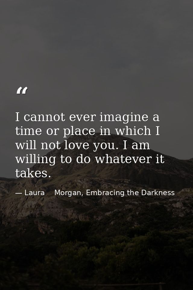 I cannot ever imagine a time or place in which I will not love you. I am willing to do whatever it takes. — Laura    Morgan, Embracing the Darkness