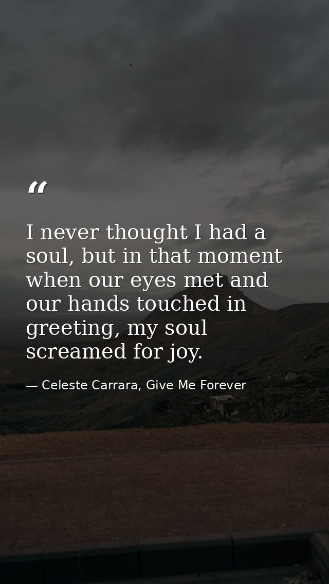 I never thought I had a soul, but in that moment when our eyes met and our hands touched in greeting, my soul screamed f — Celeste Carrara, Give Me Forever