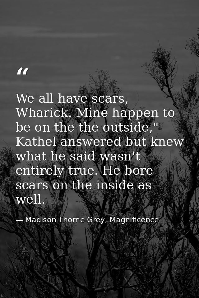 We all have scars, Wharick. Mine happen to be on the the outside," Kathel answered but knew what he said wasn't entirely — Madison Thorne Grey, Magnificence