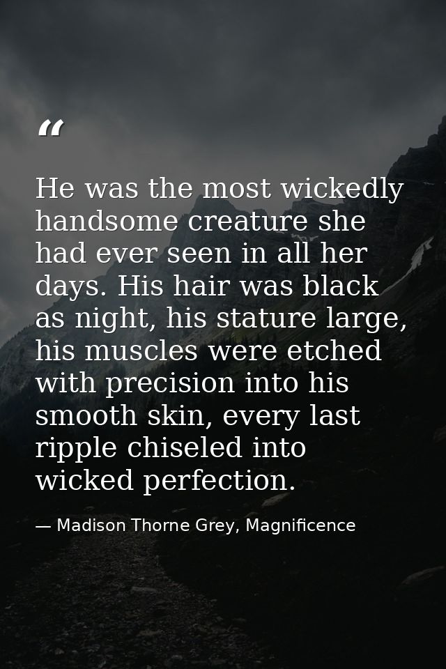 He was the most wickedly handsome creature she had ever seen in all her days. His hair was black as night, his stature l — Madison Thorne Grey, Magnificence