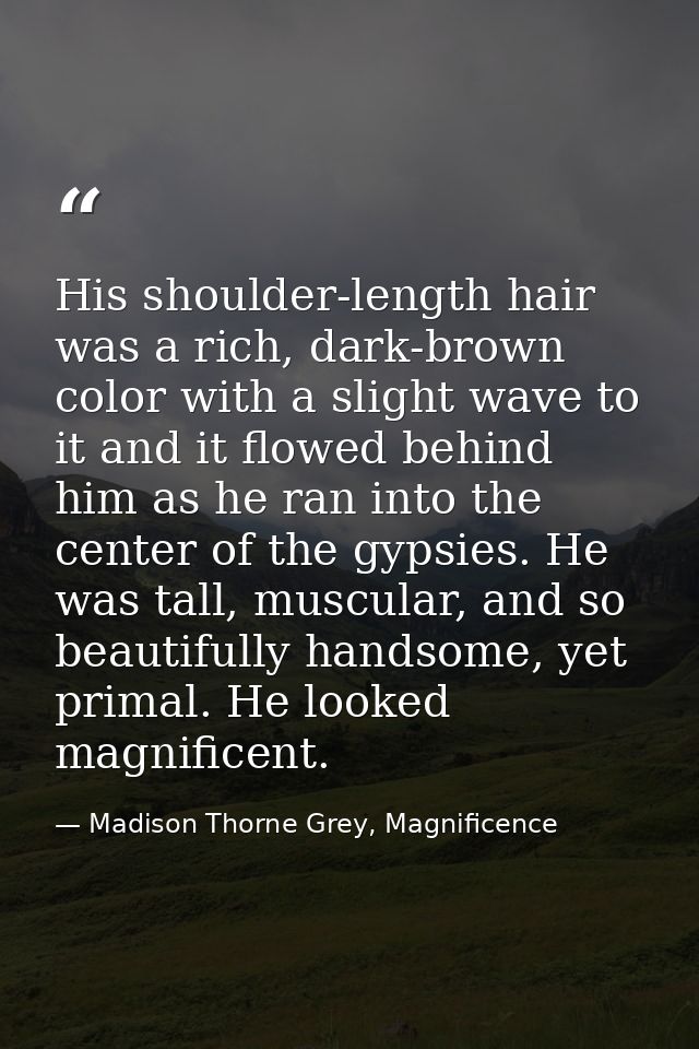His shoulder-length hair was a rich, dark-brown color with a slight wave to it and it flowed behind him as he ran into t — Madison Thorne Grey, Magnificence