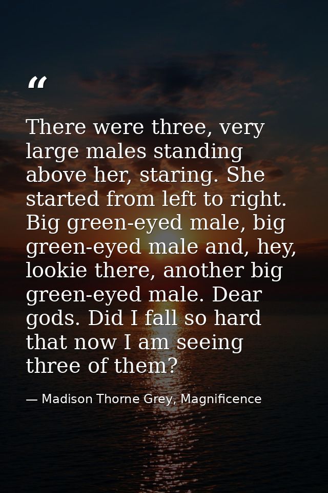 There were three, very large males standing above her, staring. She started from left to right. Big green-eyed male, big — Madison Thorne Grey, Magnificence