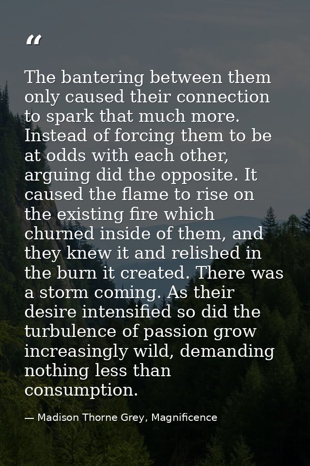 The bantering between them only caused their connection to spark that much more. Instead of forcing them to be at odds w — Madison Thorne Grey, Magnificence