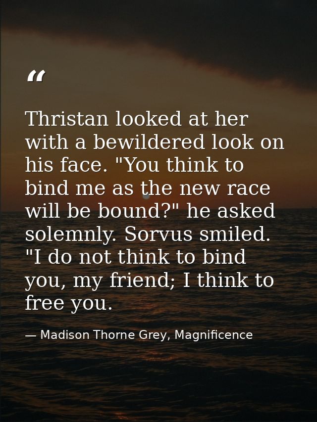 Thristan looked at her with a bewildered look on his face. "You think to bind me as the new race will be bound?" he aske — Madison Thorne Grey, Magnificence