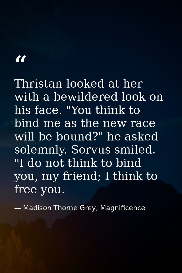 Thristan looked at her with a bewildered look on his face. "You think to bind me as the new race will be bound?" he aske — Madison Thorne Grey, Magnificence