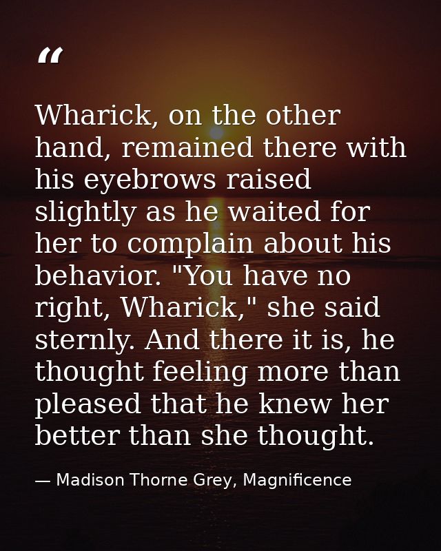 Wharick, on the other hand, remained there with his eyebrows raised slightly as he waited for her to complain about his  — Madison Thorne Grey, Magnificence