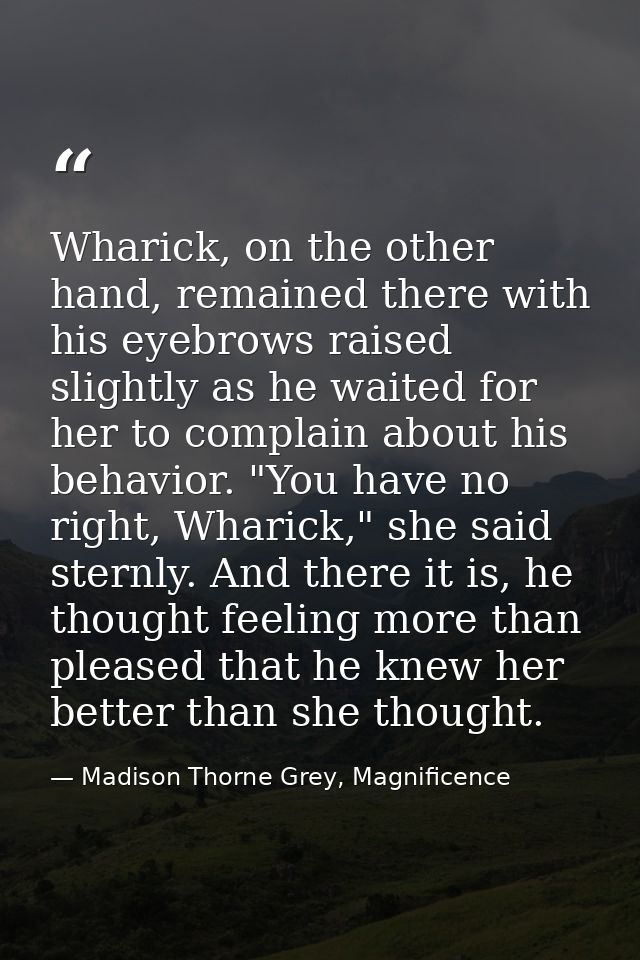 Wharick, on the other hand, remained there with his eyebrows raised slightly as he waited for her to complain about his  — Madison Thorne Grey, Magnificence