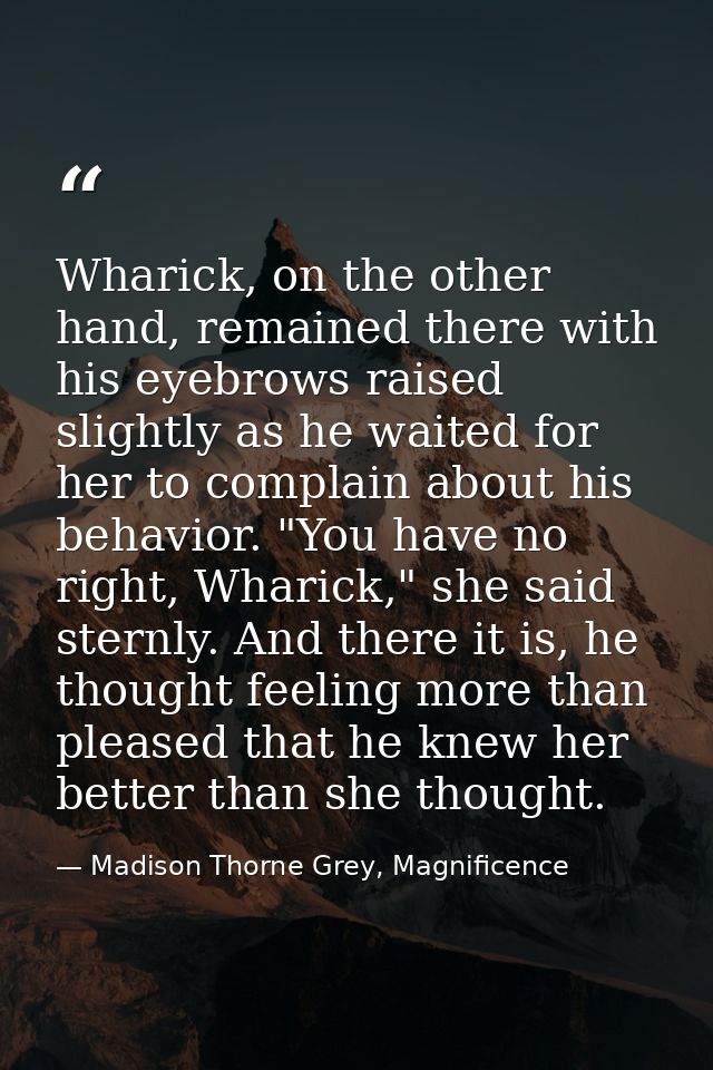 Wharick, on the other hand, remained there with his eyebrows raised slightly as he waited for her to complain about his  — Madison Thorne Grey, Magnificence