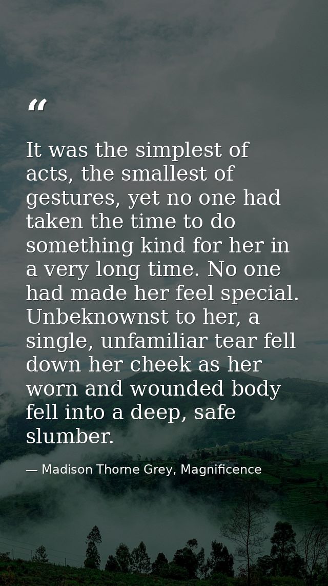 It was the simplest of acts, the smallest of gestures, yet no one had taken the time to do something kind for her in a v — Madison Thorne Grey, Magnificence