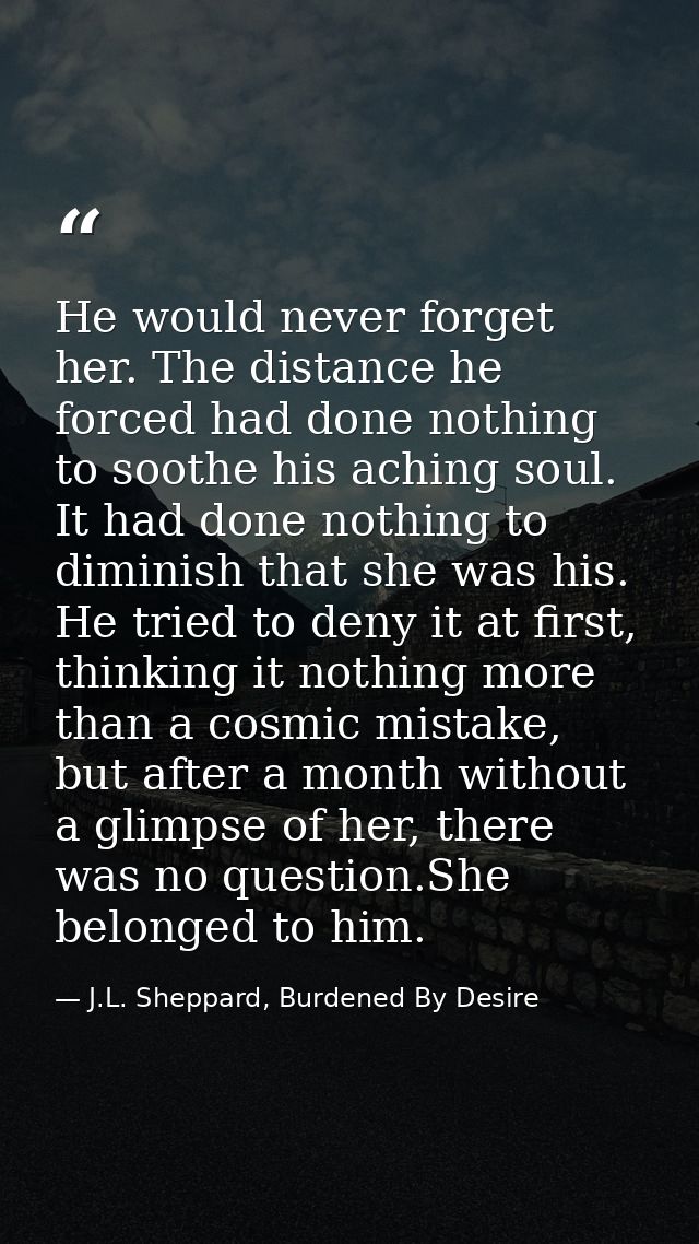 He would never forget her. The distance he forced had done nothing to soothe his aching soul. It had done nothing to dim — J.L. Sheppard, Burdened By Desire