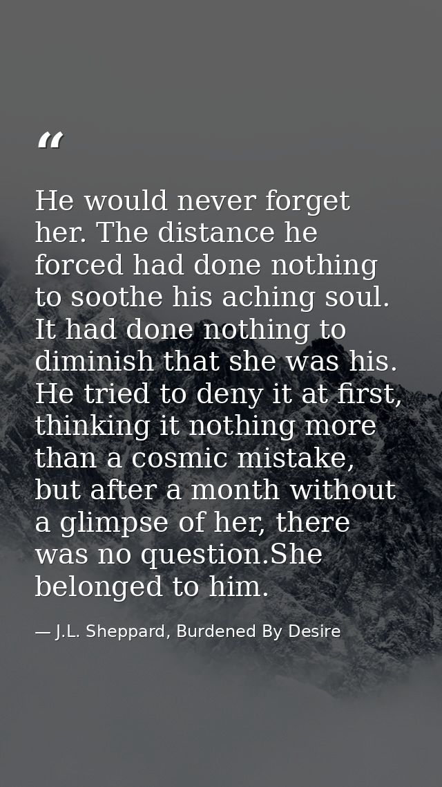 He would never forget her. The distance he forced had done nothing to soothe his aching soul. It had done nothing to dim — J.L. Sheppard, Burdened By Desire