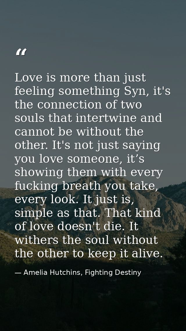 Love is more than just feeling something Syn, it's the connection of two souls that intertwine and cannot be without the — Amelia Hutchins, Fighting Destiny