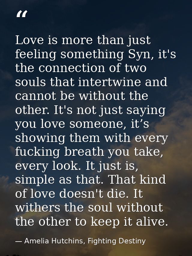 Love is more than just feeling something Syn, it's the connection of two souls that intertwine and cannot be without the — Amelia Hutchins, Fighting Destiny