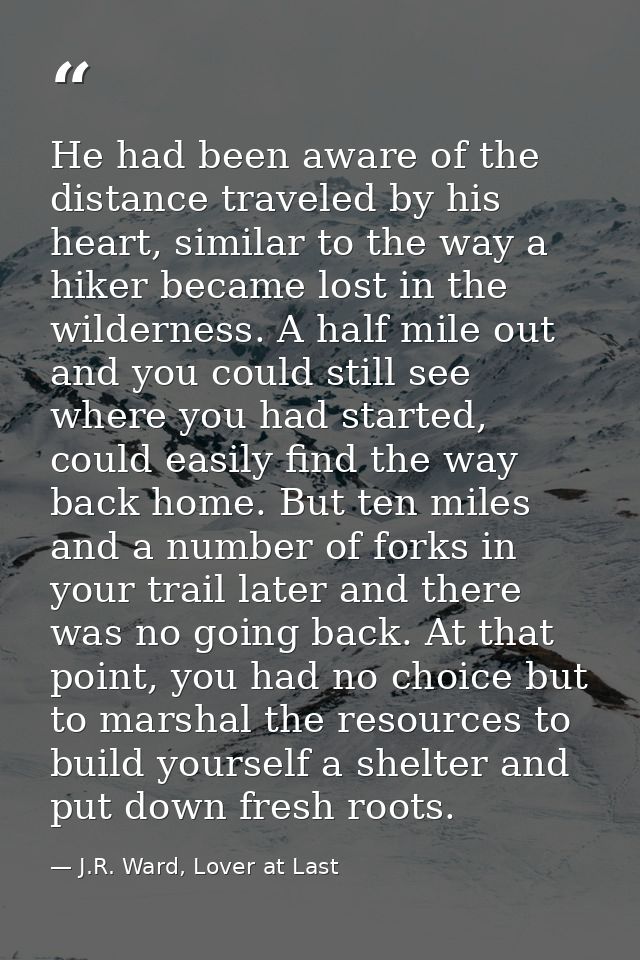 He had been aware of the distance traveled by his heart, similar to the way a hiker became lost in the wilderness. A hal — J.R. Ward, Lover at Last