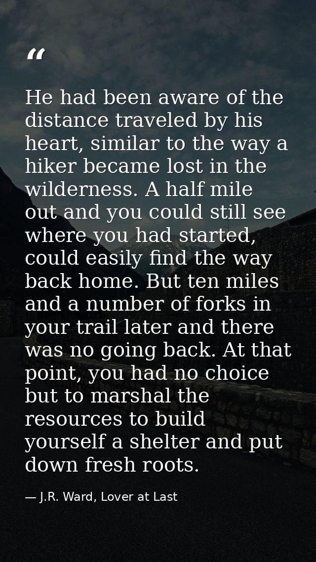 He had been aware of the distance traveled by his heart, similar to the way a hiker became lost in the wilderness. A hal — J.R. Ward, Lover at Last